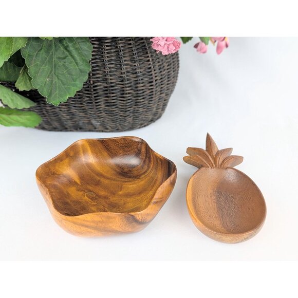 Set of 2 Vtg 60s Hawaiian Monkey Pod Wood Bowls Hand Carved Polynesian Decor - Picture 4 of 7
